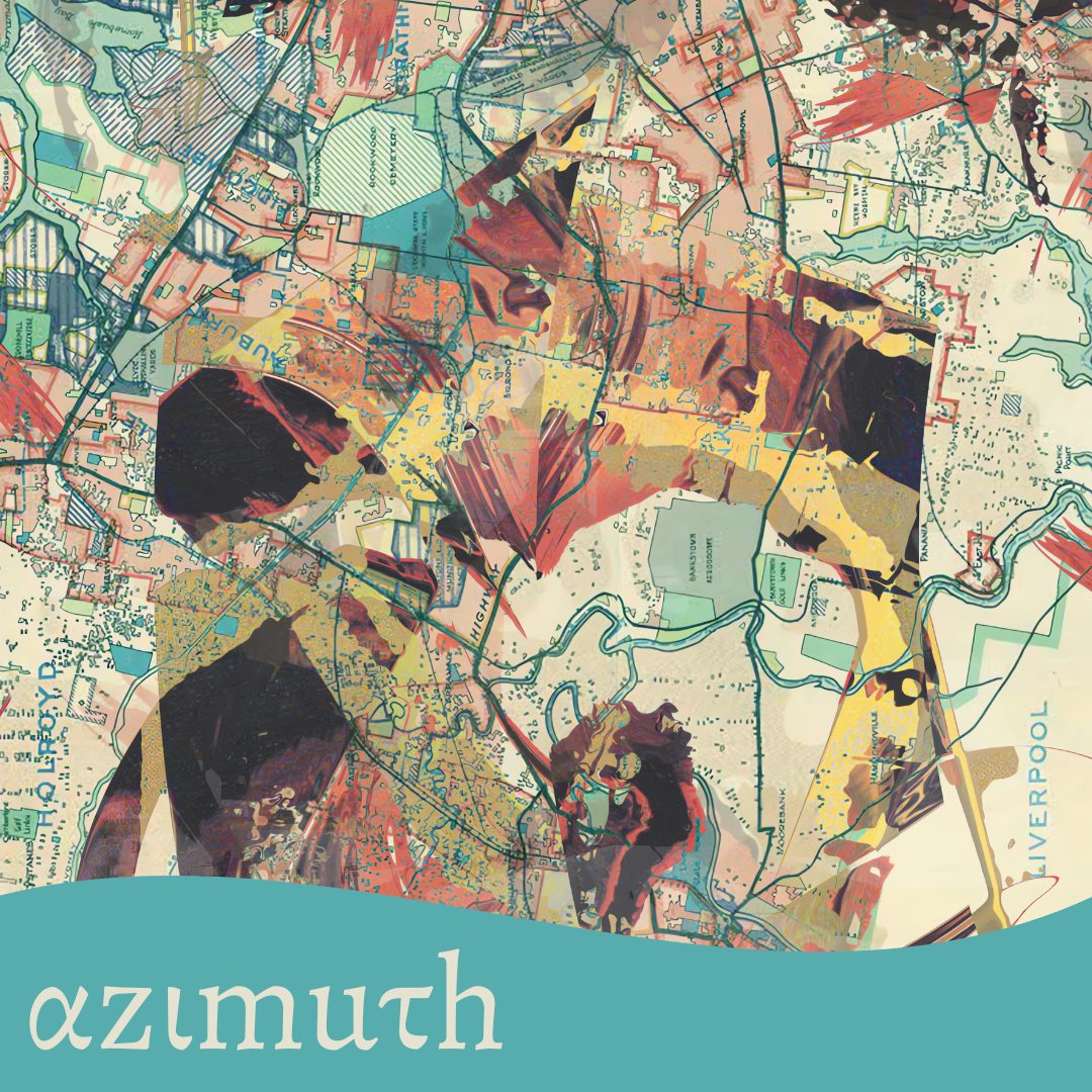 Azimuth cover: a layered map-like collage in warm colours with the title in teal