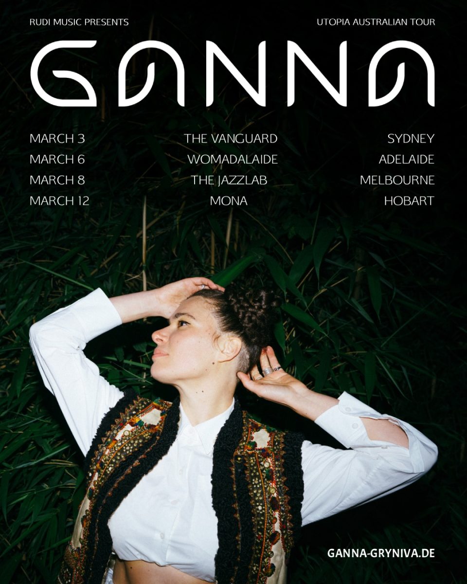 GANNA Utopia Australian tour poster: a woman in a white shirt and embroidered vest, hand on her head