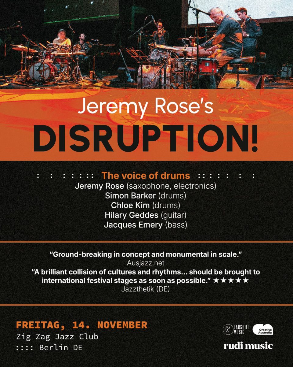 Jeremy Rose's Disruption poster: a stage with two drum kits, orange banner, Zig Zag Jazz Club Berlin
