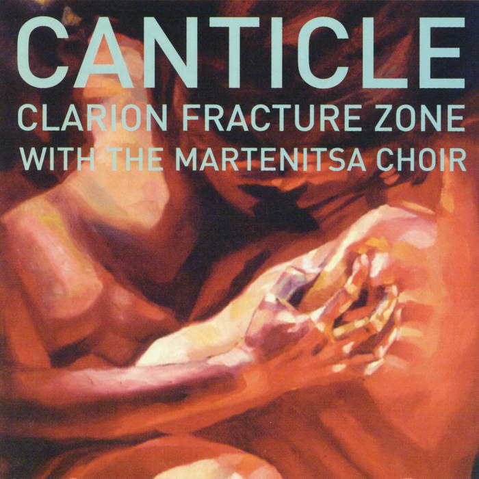 Canticle cover: pale blue title over a red and orange painting of clasped hands