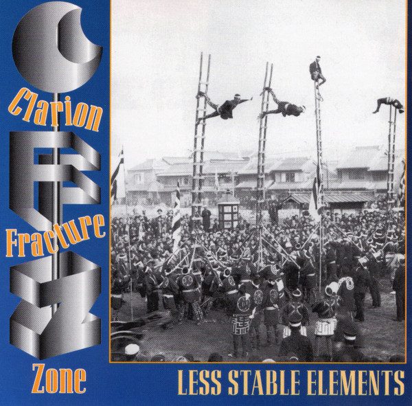 Less Stable Elements cover: a black and white photo of a crowd and men on tall ladders, in a blue frame