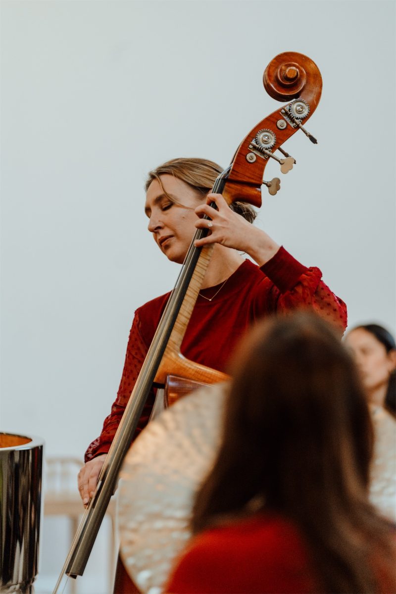 Double bassist in a red top playing, an audience member in the foreground